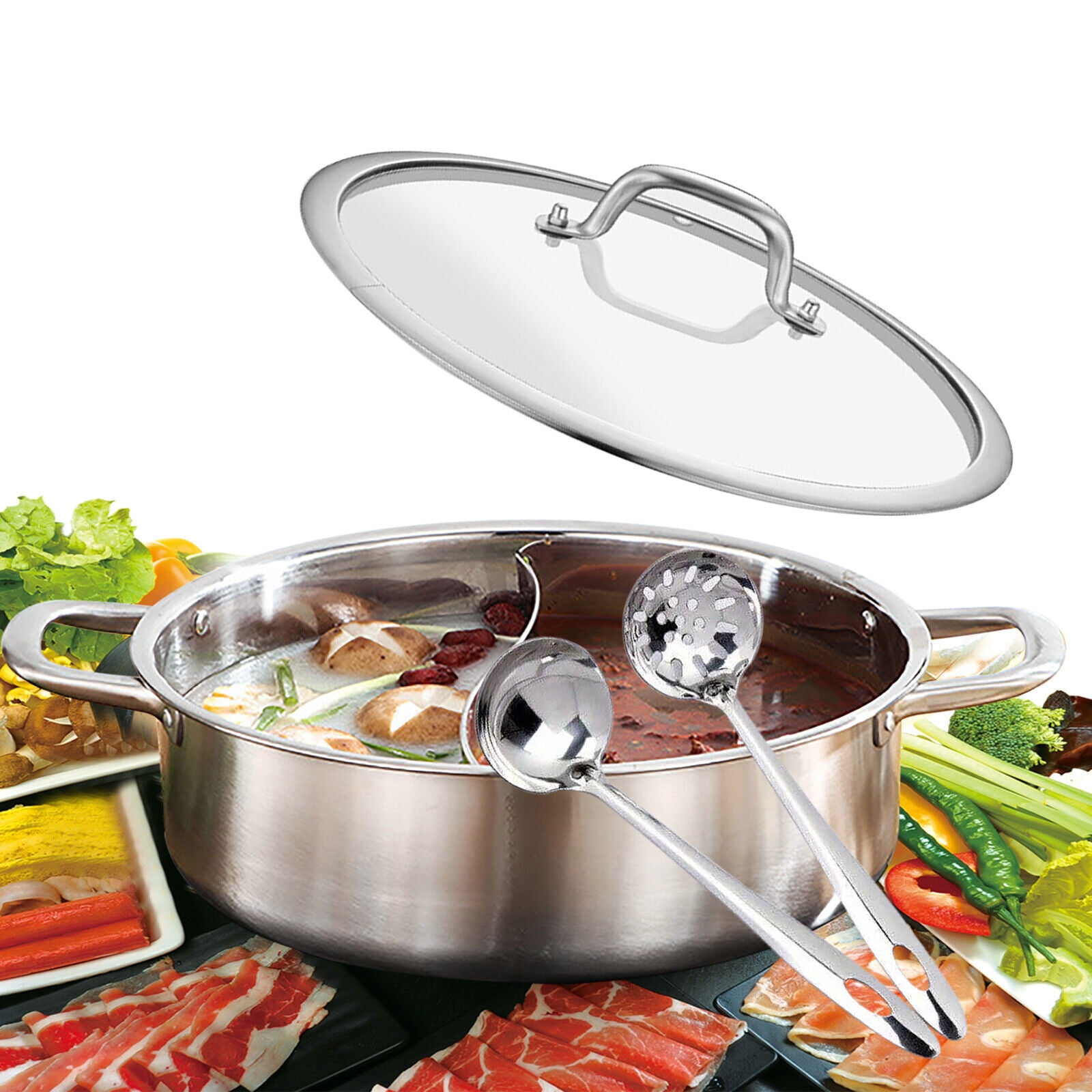 Double-flavor Shabu Shabu Hot pot with Divider & Soup Ladle, 304 Stainless Steel Shabu Shabu Pot, Safe Design Dual Sided Hot Pot for Induction Cooktop, Cookware Multi Cooker (12.6"(32cm))