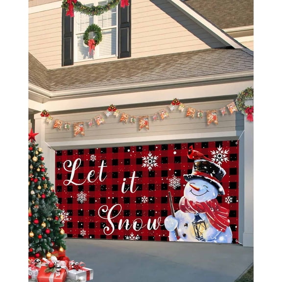 Garage Door Banner Cover 7 x 8 ft, Christmas Snowman with Bird Black and Red Buffalo Plaid Christmas Garage Door Decorations Holiday Christmas Backdrop Decor for Winter New Year Xmas Party