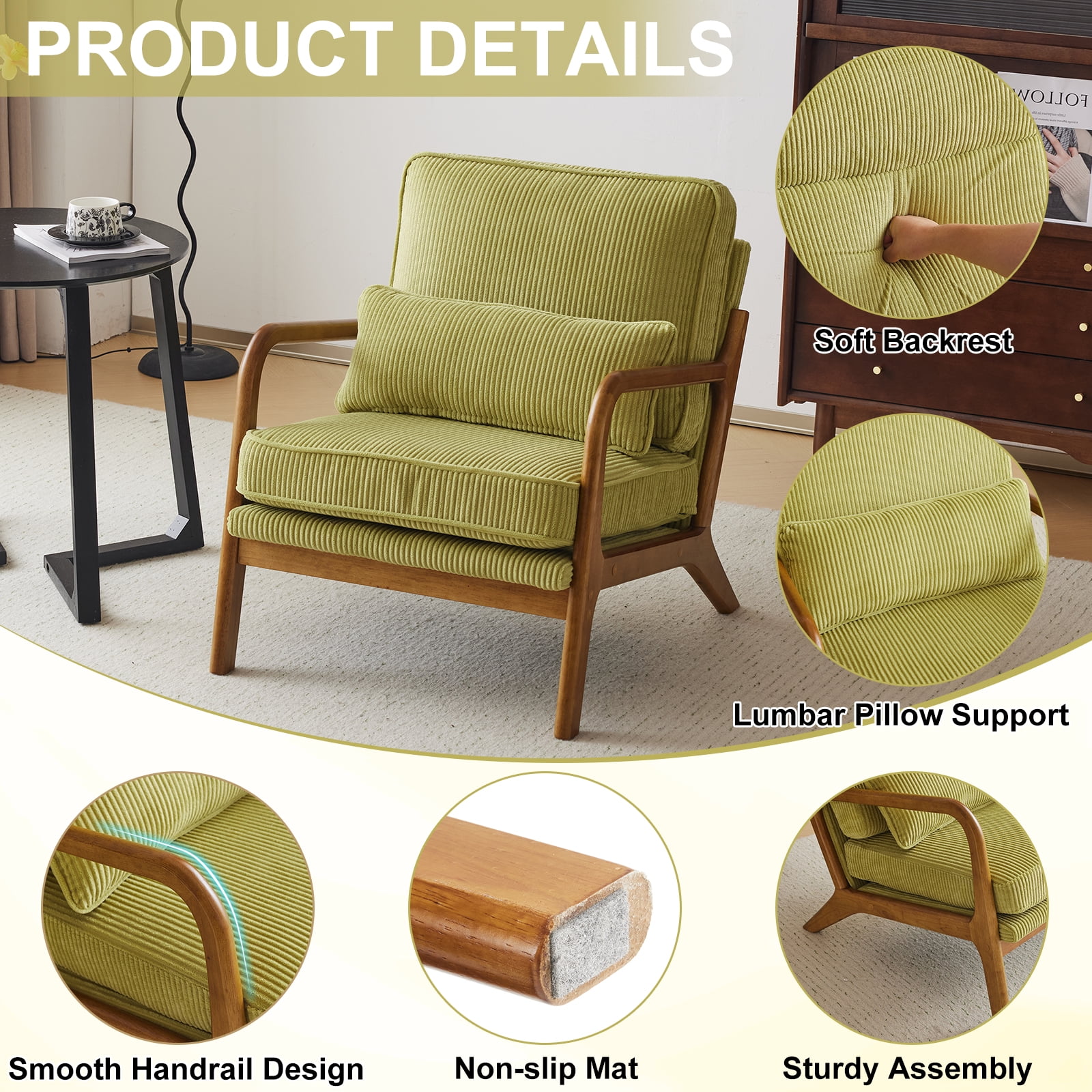 Ktaxon Accent Chair Corduroy Upholstered Armchair, Reading Club Chair with Pillow and Solid Wood Frame for Living Room Bedroom Furniture Olive Green