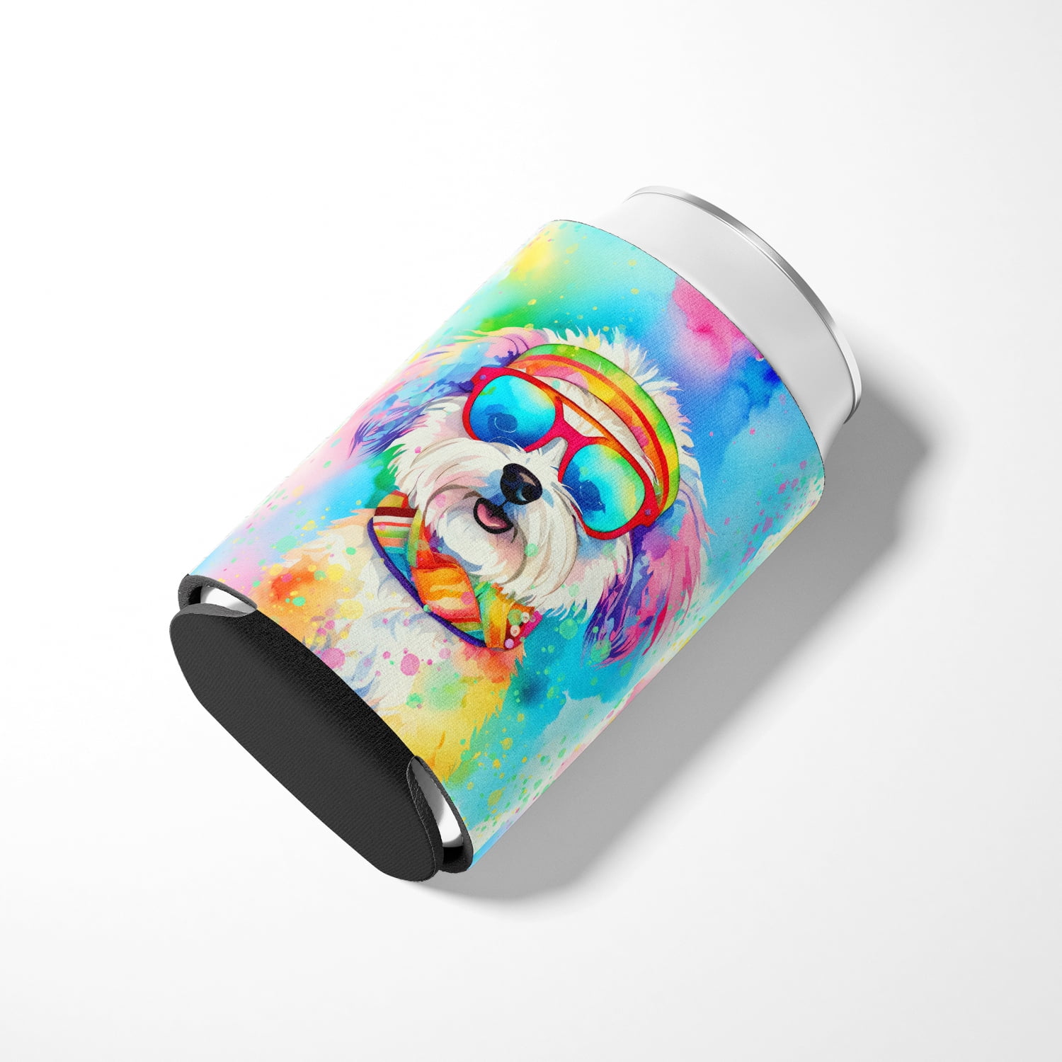 Bichon Frise Hippie Dawg Can or Bottle Hugger 3 in x 5 in