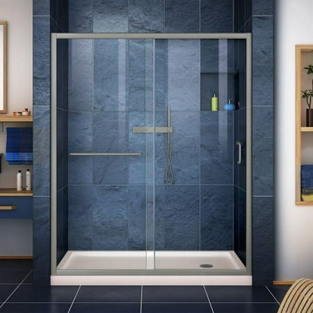 DreamLine Infinity-Z 32 in. D x 60 in. W x 74 3/4 in. H Clear Sliding Shower Door in Brushed Nickel and Right Drain Biscuit (Best Way To Clear A Shower Drain)