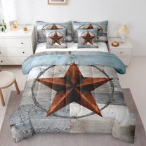 Manfei Vintage Texas Star Twin Bedding Sets 7-Piece for Kids Children Teens,Western Theme Bedding Comforter Set Microfiber,Lodge Cabin Breathable Sheet Sets,Lightweight Room Decor,Reversible