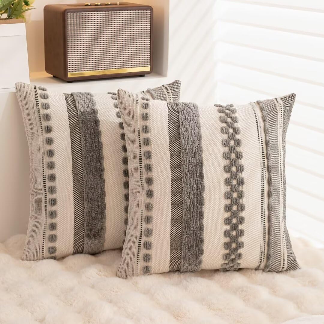 Boho Throw Pillow Covers 18x18 Set of 2 Farmhouse Decorative Cushion Case Striped Square Pillows Cover Chenille Pillow Cases Accent Neutral Pillowcase for Sofa Couch Bed