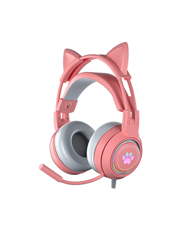 Gaming Headset with Cat Ears, Pink Headset with Surround Sound, RGB Backlight & Microphone, 3.5mm Cat Headphones with Mic for PS4, Xbox, PC, Mobile Phone