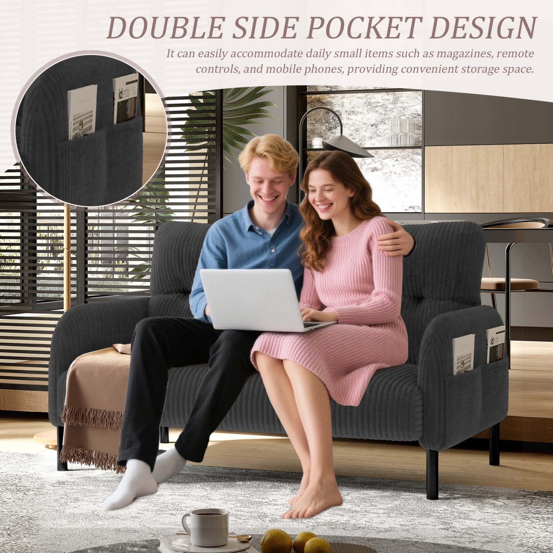Corduroy Loveseat Sofa, Modern Upholstered Double Sofa Couch with Side Pockets for Living Room Bedroom Apartment, Gray