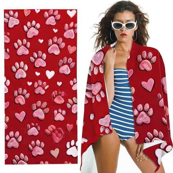 RKSupls Paw Print Heart Love Microfiber Beach Towel, Extra Large Quick Dry Lightweight Absorbent Towel for Travel Swimming Camping, Soft Super Absorbent- 30x60 in