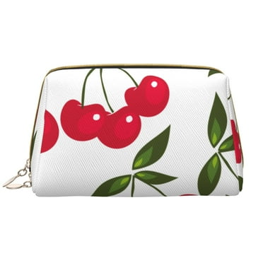Naloa Cherry Leather Makeup Bag for Purse Travel, Portable Small Cosmetic Organizer for Women and Girls, Make up Bag with Zipper
