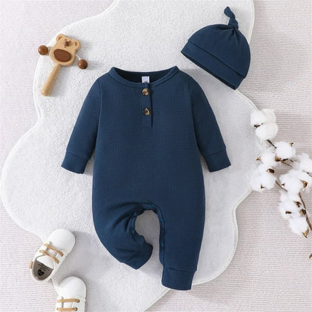 

Dxssxc Toddler Boys Girls Romper and Hat Set Solid Colour Waffle Jumpsuit Fall Long Sleeve Bodysuit Newborn Coming Home Outfit