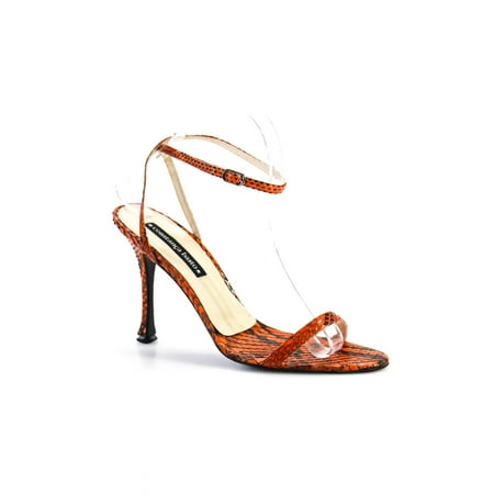 

Pre-owned|Constanca Basto Womens Snakeskin Open Toe Ankle Strap Heel Pumps Orange Size 8.5