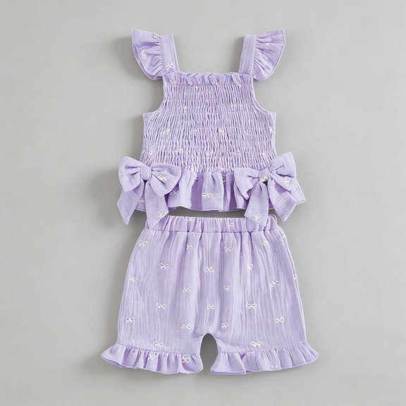 ITSAME Toddler Girls Outfits 2-Piece 100%Cotton Bow Smocked Tank and Ruffle Shorts Casual Clothes Set Purple Size 12-18M