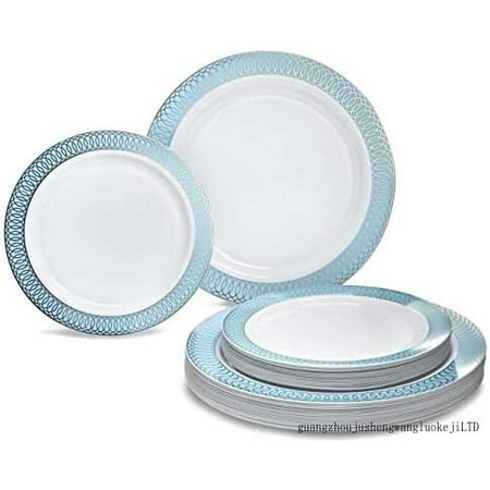 

OCCASIONS 240 Plates Pack (120 Guests) Premium Wedding Party Disposable Plastic Plates Set -120 X 10 Dinner 120 X 7.5 Salad/Dessert Plate (Venice Blue And Silver)