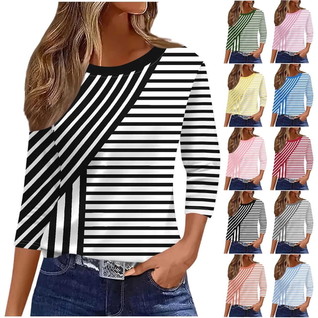 Neewe Women's Casual 3/4 Sleeve T-Shirts Round Neck Tunic Print Tops Basic Tees Blouses Business Work Tee Top