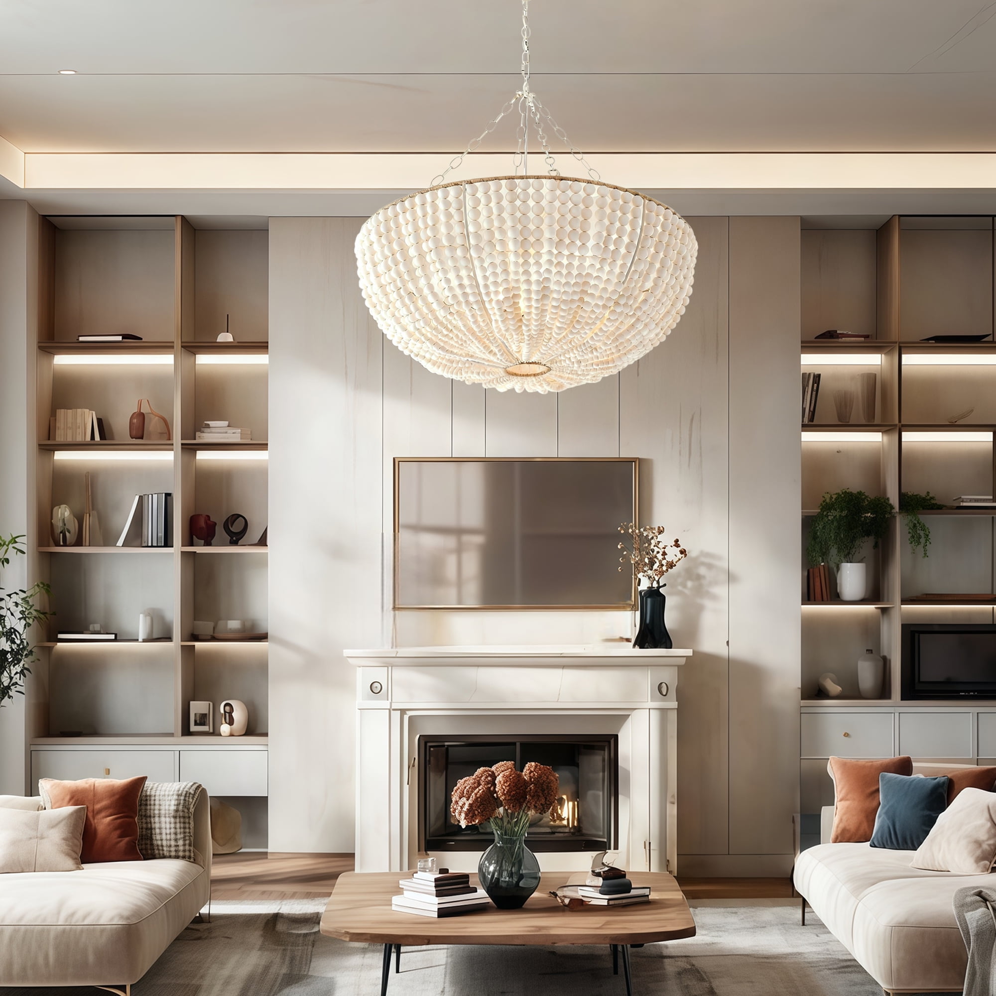 Coastal Ivory Round Wood Bead Chandelier, Natural Ceiling Lamp, Elegant Ceiling Light, Hand-weaved Light Fixture over Kitchen Island, for Living Room, Dining Room, Bedroom