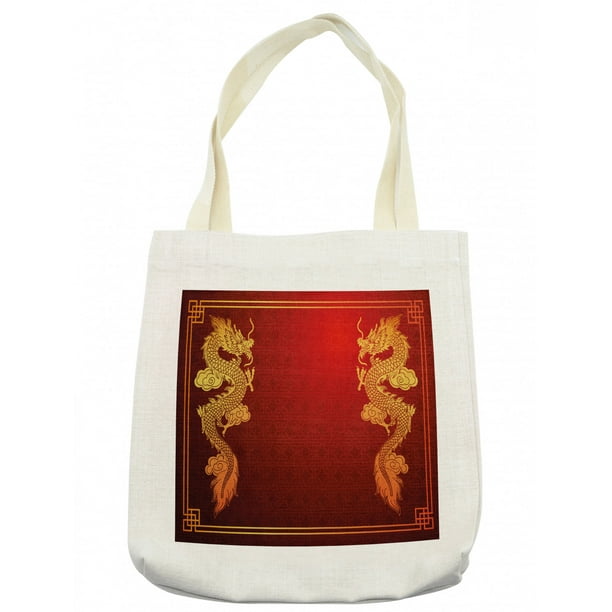Dragon Tote Bag, Chinese Heritage Historical Eastern Motif Creature Design, Cloth Linen Reusable