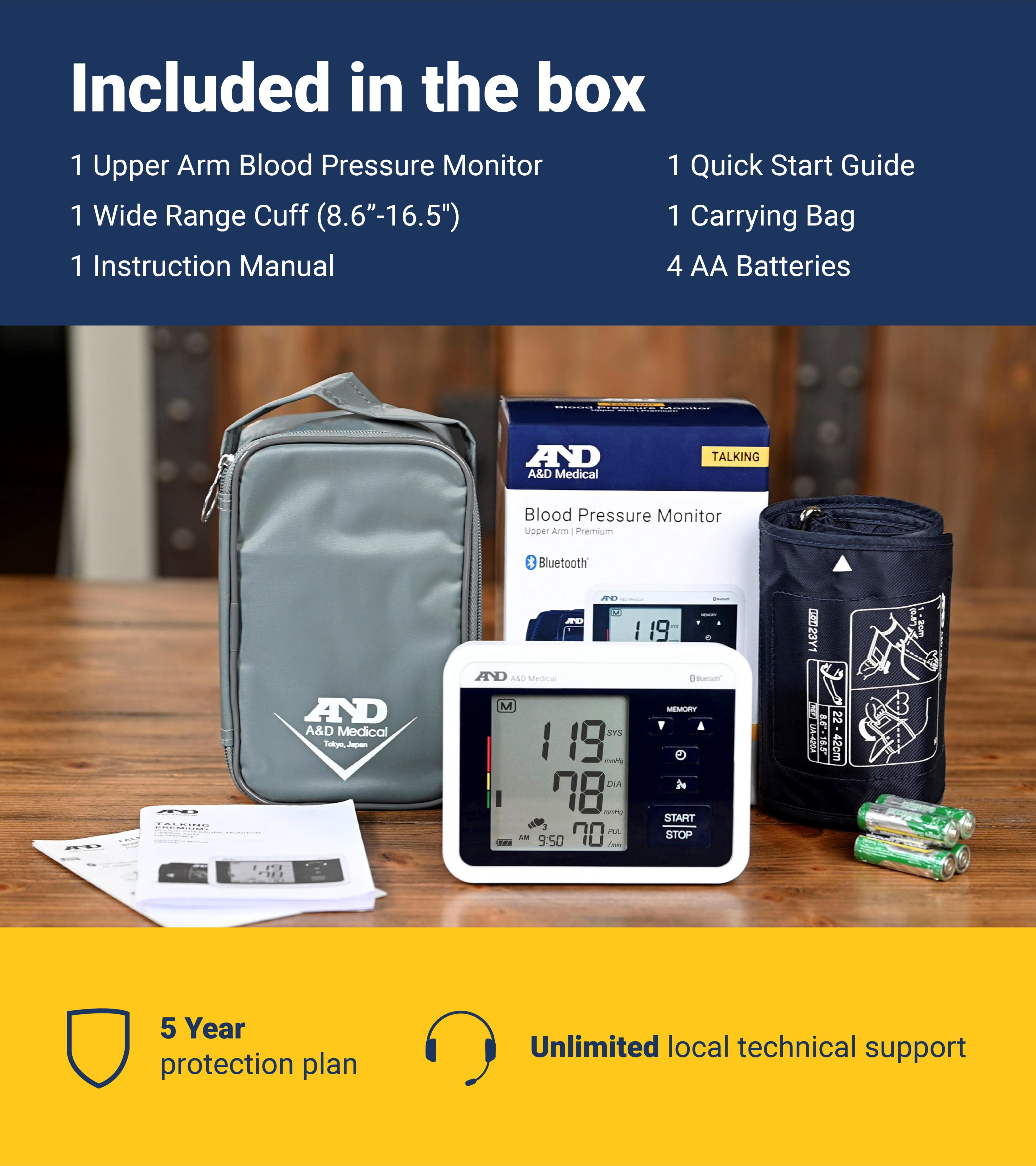 A&D Medical UA-1040TBLE Wide Cuff Heart Rate Detection Digital Upper Arm Blood Pressure Monitor with Bluetooth