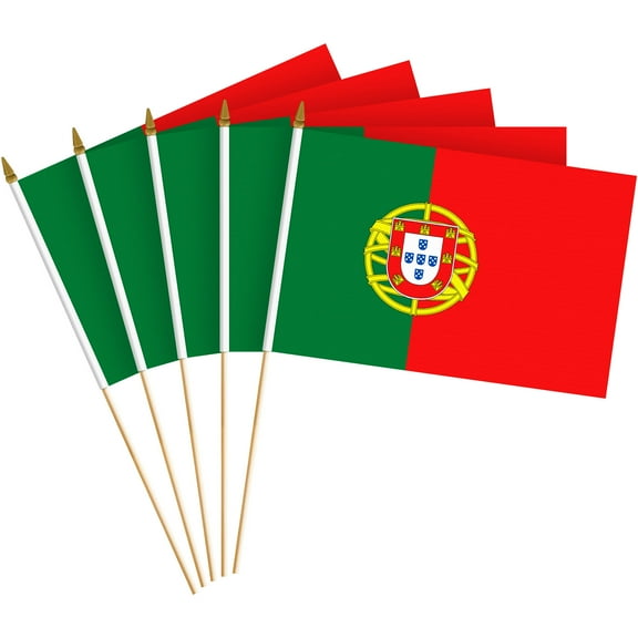 G128 24 Pack Handheld Portugal Portuguese Stick Flags | 8x12 In | Printed 150D Polyester, Country Flag, Solid Wooden Stick, Spear Gold Tip