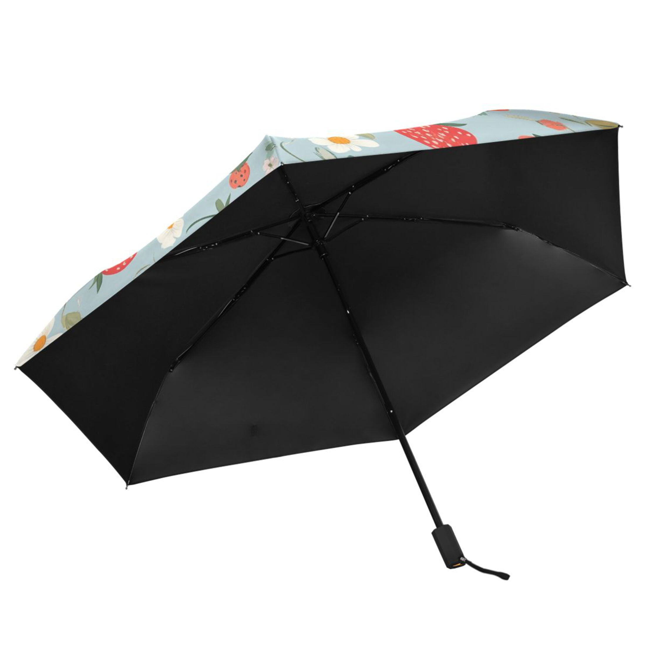 Strawberries and Strawberries Flowers Leaves Cute All Weather Umbrella Triple Folding Parasol 6 Ribs UV Protection Portable