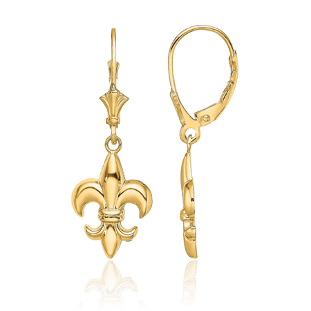 10K Solid Yellow Gold French Fleur De Lis Lily Flower Drop Dangle Earrings