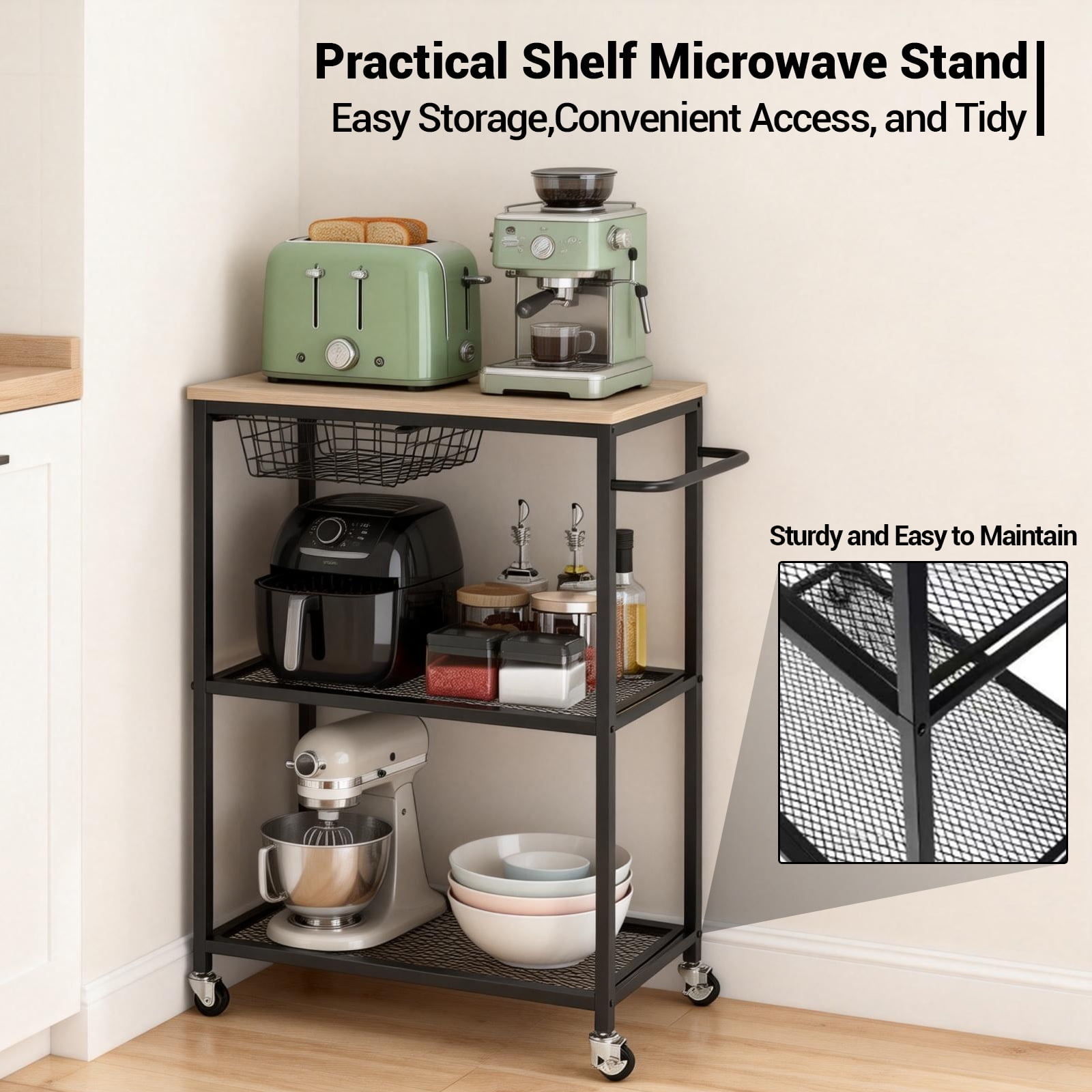 Soonbuy 3-Tier Kitchen Storage Cart, Baker’s Rack with Push Handle, Coffee Bar, Kitchen Storage Cart with Storage for Kitchen Island Restaurant Living Room