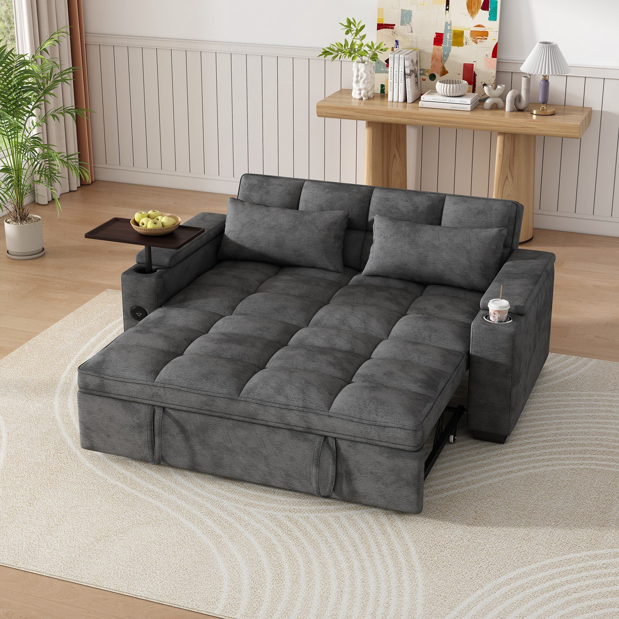 DEALTOPS 65" 3-in-1 Sleeper Sofa Bed, 3-Position Pull Out Couch with 90° Swivel Table, USB & Storage, Chenille, Gray