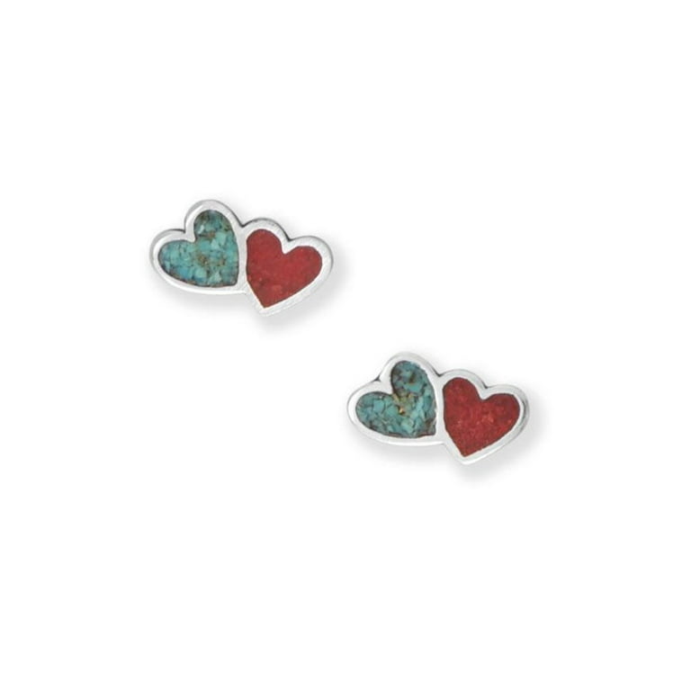 Double Heart Stud Earrings Turquoise Chip Inlay Sterling Silver with Steel Posts Double Heart Stud Earrings Turquoise Chip Inlay Sterling Silver with Steel Posts