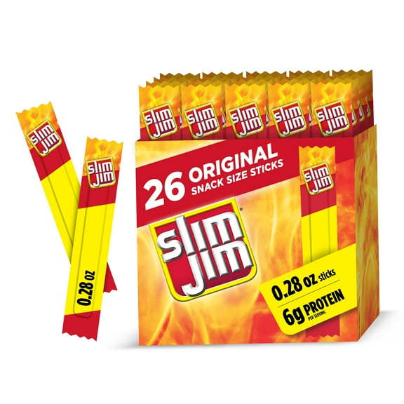 Slim Jim Smoked Meat Sticks, Original Flavor, 6g Protein Per Serving, Snack Size, Valentine's Day Gift For Him, 0.28 oz. (26 Count)