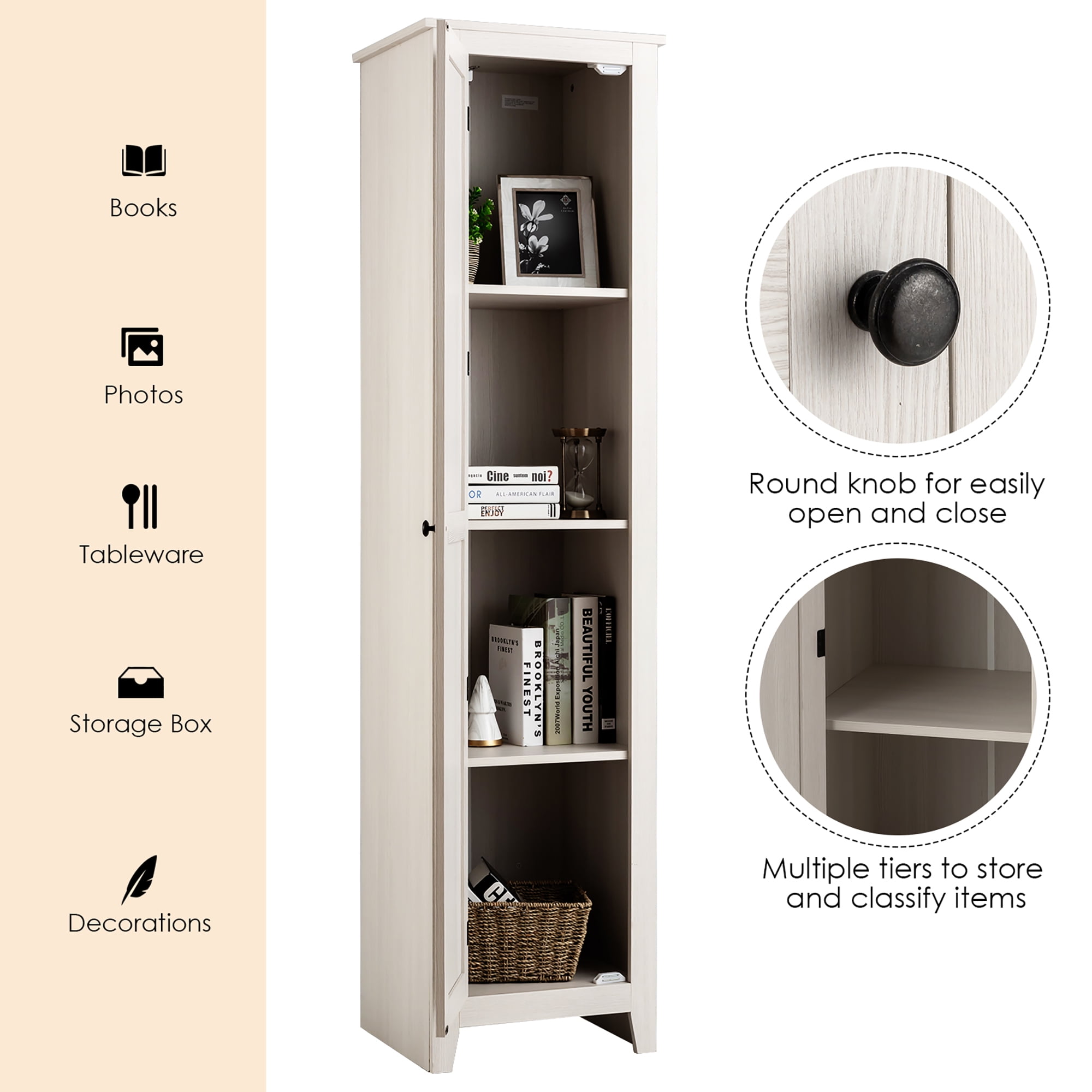 Costway Linen Tower Bathroom Storage Cabinet Tall Slim Side Organizer w/ Shelf White