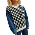 thumbnail image 3 of Women's Denim Sleeve Stitching Houndstooth Round Neck Long Sleeve Sweater, 3 of 4