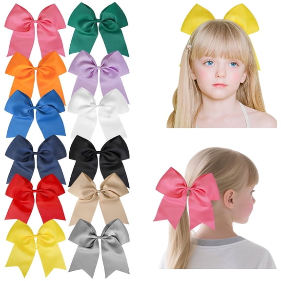 JoyBowie 12 Pack 8 Inch Large Cheer Bows for Girls, Satin Hair Bows with Alligator Clips, 12 Assorted Colors for Cheerleading, Sports, and Daily Wear