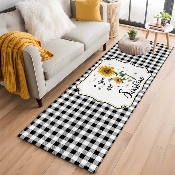 Runner Rug 2 x 6 Ft, Sunflowers Washable Non-Slip Floor Mat for Kitchen Hallway/Entryway, Yellow Floral Botanical Black White Plaid Farmhouse Long Kitchen Runner Area Rugs for Living Room,
