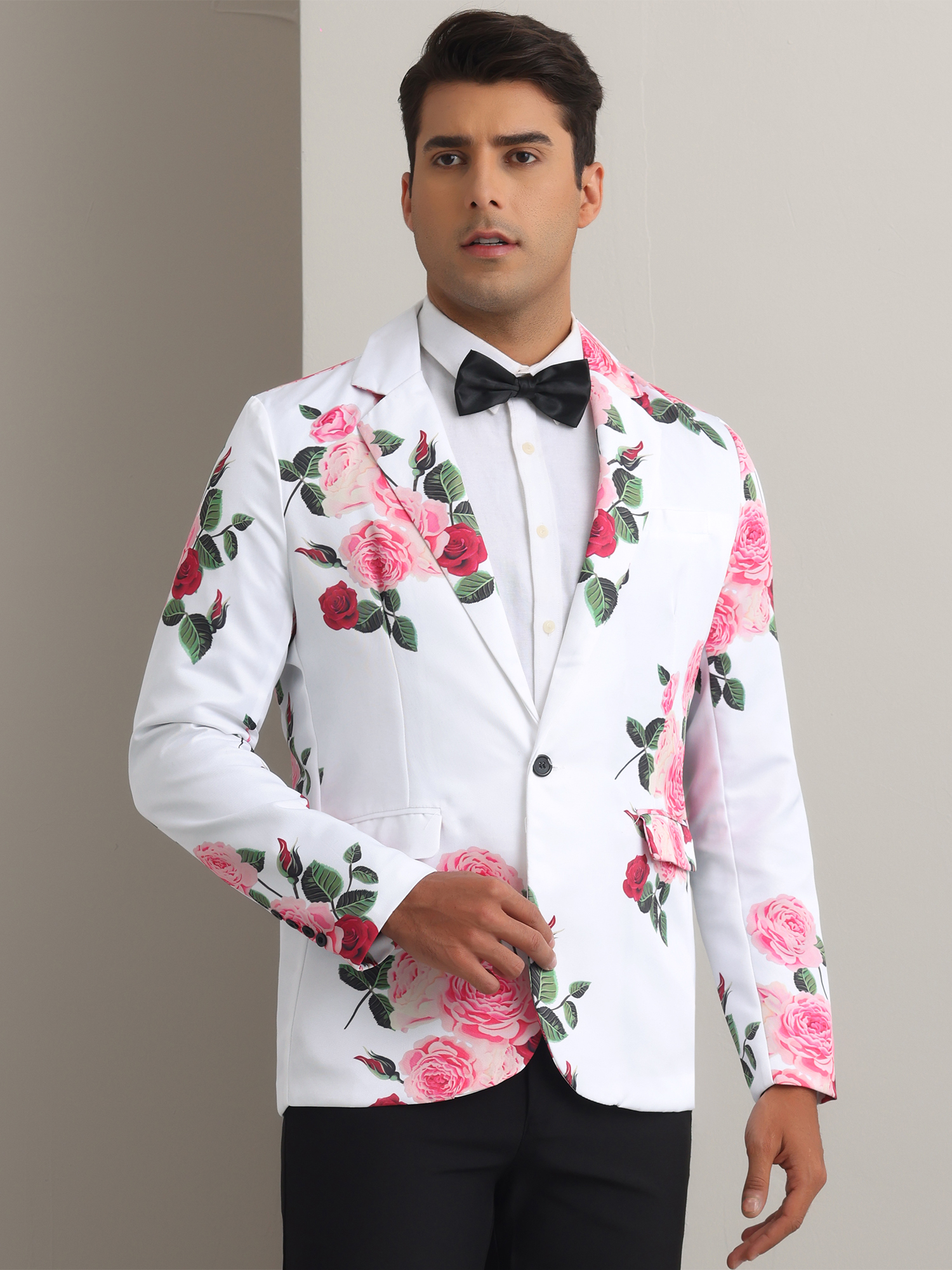 DARING DIVA Men's Floral Slim Fit Party Prom Flower Printed Blazers Suit Jacket L White