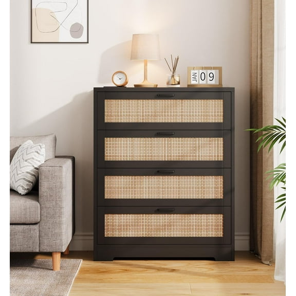 Tall 4 Drawers Rattan Dresser, Storage Chest of Drawers with Wooden Spacious Top,Handles,Easy to Assemble,Modern Dresser for Bedroom,Living Room,Entryway,Hallway
