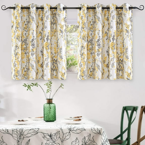 DriftAway Leah Abstract Floral Blossom Ink Painting Room Darkening Thermal Insulated Grommet Unlined Window Curtains 2 Panels 36"L x 52"W Golden Yellow Silver Gray