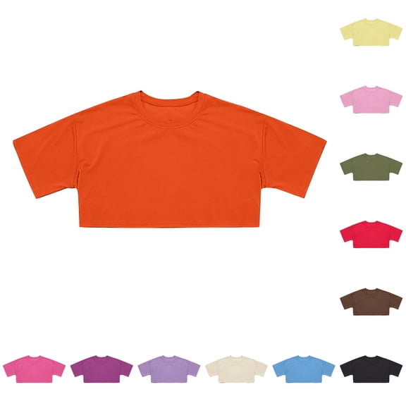 RMGVDSD Crop Tops for Girls Short Sleeve T Shirts Crewneck Basic Tees Solid Color Tshirts Girls Summer Tops Cropped T-Shirts 14-15 Years