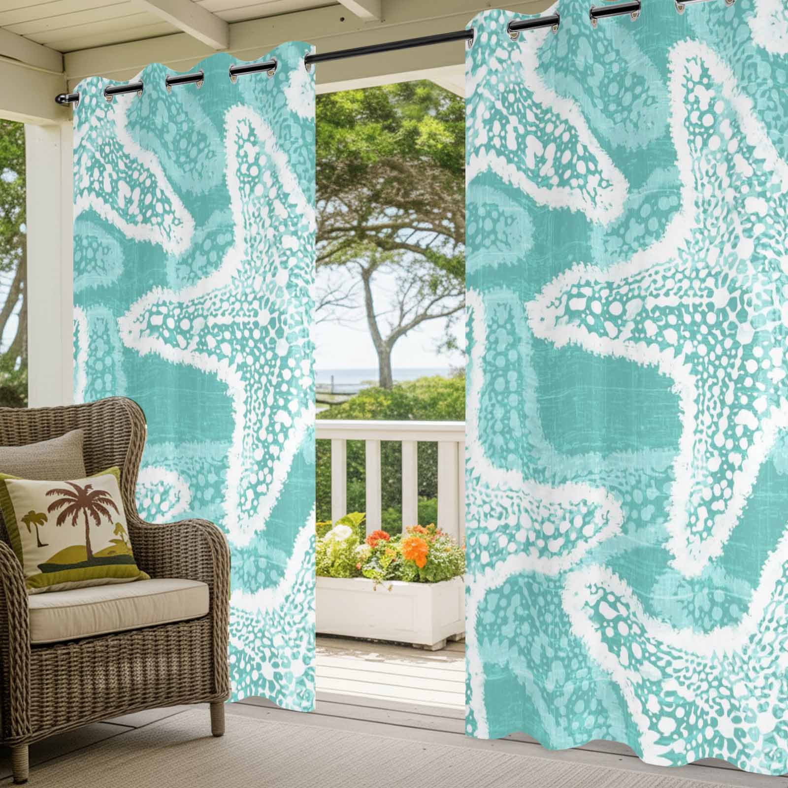 Aqua Starfish Outdoor Curtains for Patio, Coastal Summer Ocean Beach Nautical Modern Sunshade Privacy Drapes Grommet Waterproof Outside Curtains for Porch/Cabana/Balcony 54"x 108", 1 Panel