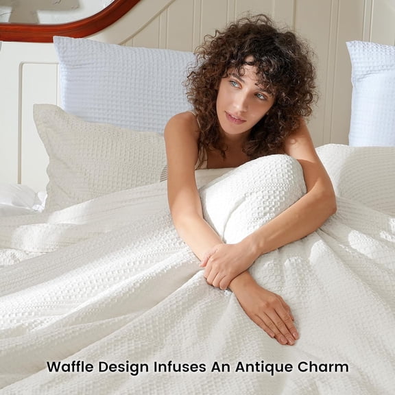 Soft Waffle Comforter Set Queen Size- Comfy Breathable Waffle Weave Comforter with 2 Pillow Shams, 3 Pieces No Snagging Lightweight Bedding Set for All Season, Cream