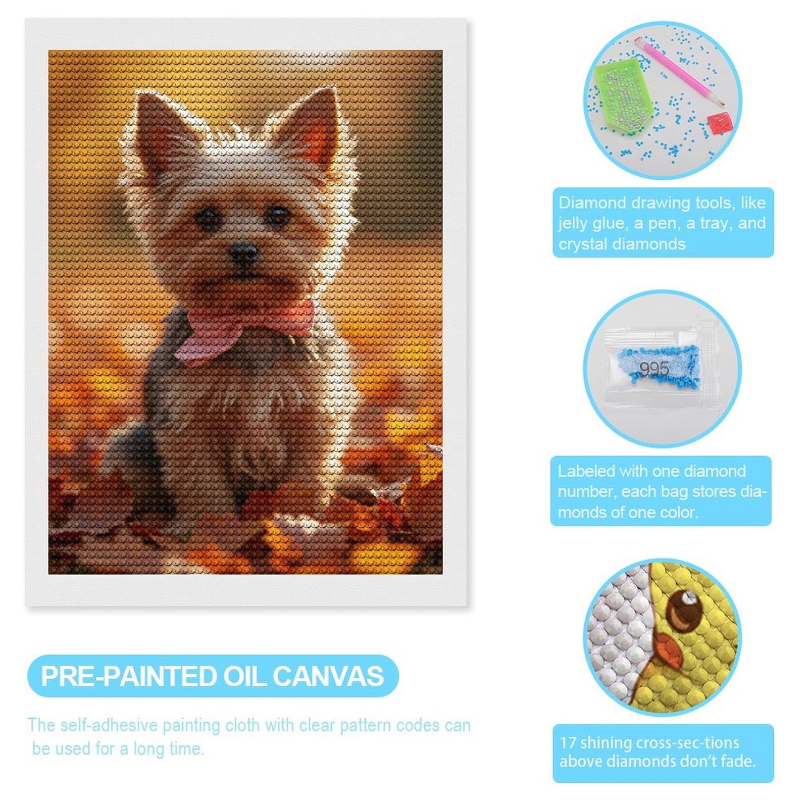 Diamond Art Kits for Adults, Small Dog Autumn Leaves Bowtie 5D Diamond Painting Kits for Adults Beginners, DIY Full Drill Diamond Painting, Gem Art and Crafts 12x16