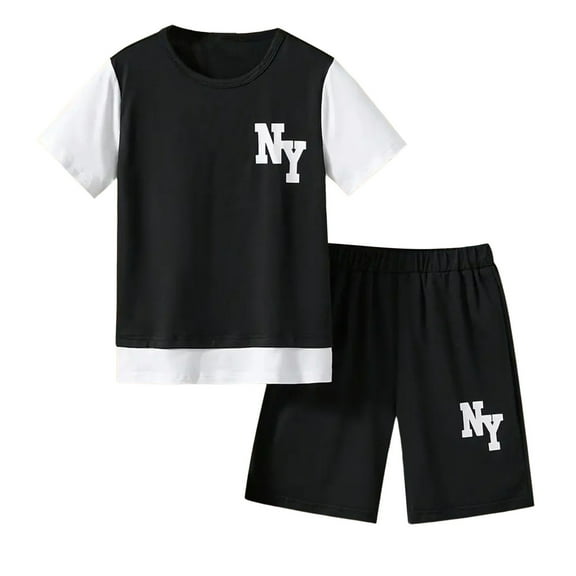 Gbsyewxs Boys Outfit Set 2 Piece Crew Neck Short Sleeve Tops And Shorts Letter Print Loungewear Summer Boys Clothes Black Size 15-16 Years