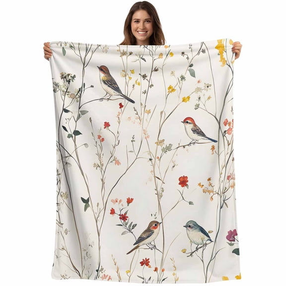 Spring Floral Blanket Soft Cozy Warm Throw Blanket for Couch, Plush Fuzzy Flannel Fleece Blankets for Sofa, Summer Birds Botanical Country Bed Blankets Lightweight Gifts for Women, 40"x60"