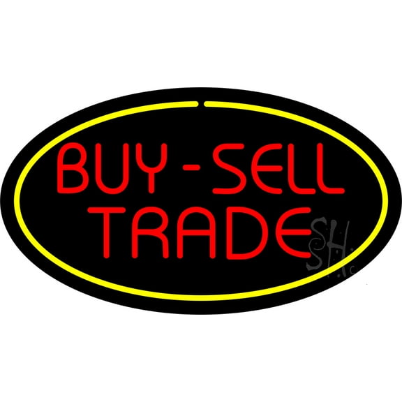 Buy Sell Trade Oval Yellow LED Neon Sign 13 x 24 - inches, Black Square Cut Acrylic Backing, with Dimmer - Bright and Premium built indoor LED Neon Sign for Pawn store interior decor, and stroefront.