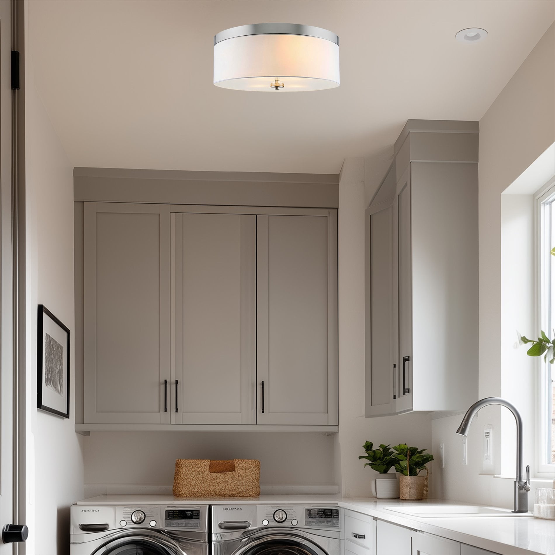 Kira Home Walker 15" Drum Flush Mount Ceiling Light, White Fabric Shade, Frosted Glass Diffuser, Close to Ceiling