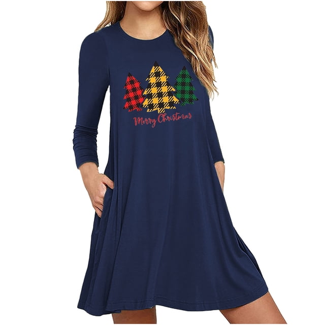 Robes d'Automne pour Femmes Col Rond Imprimé de Noël Robe à Manches Longues Décontractée Robe Mini Fluide de Vacances avec Poches