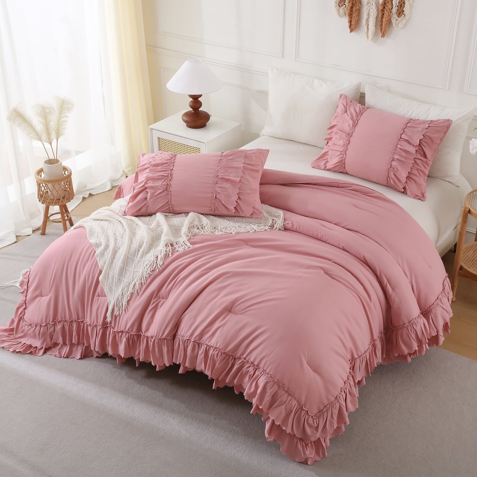 Ruffle Comforter Set Queen Size,Shabby Chic Boho Bedding Sets, Soft Fluffy Comforter Sets for All Season,Vintage Ruffled 3 Pcs Microfiber Lightweight Quilt Set for Home Decor