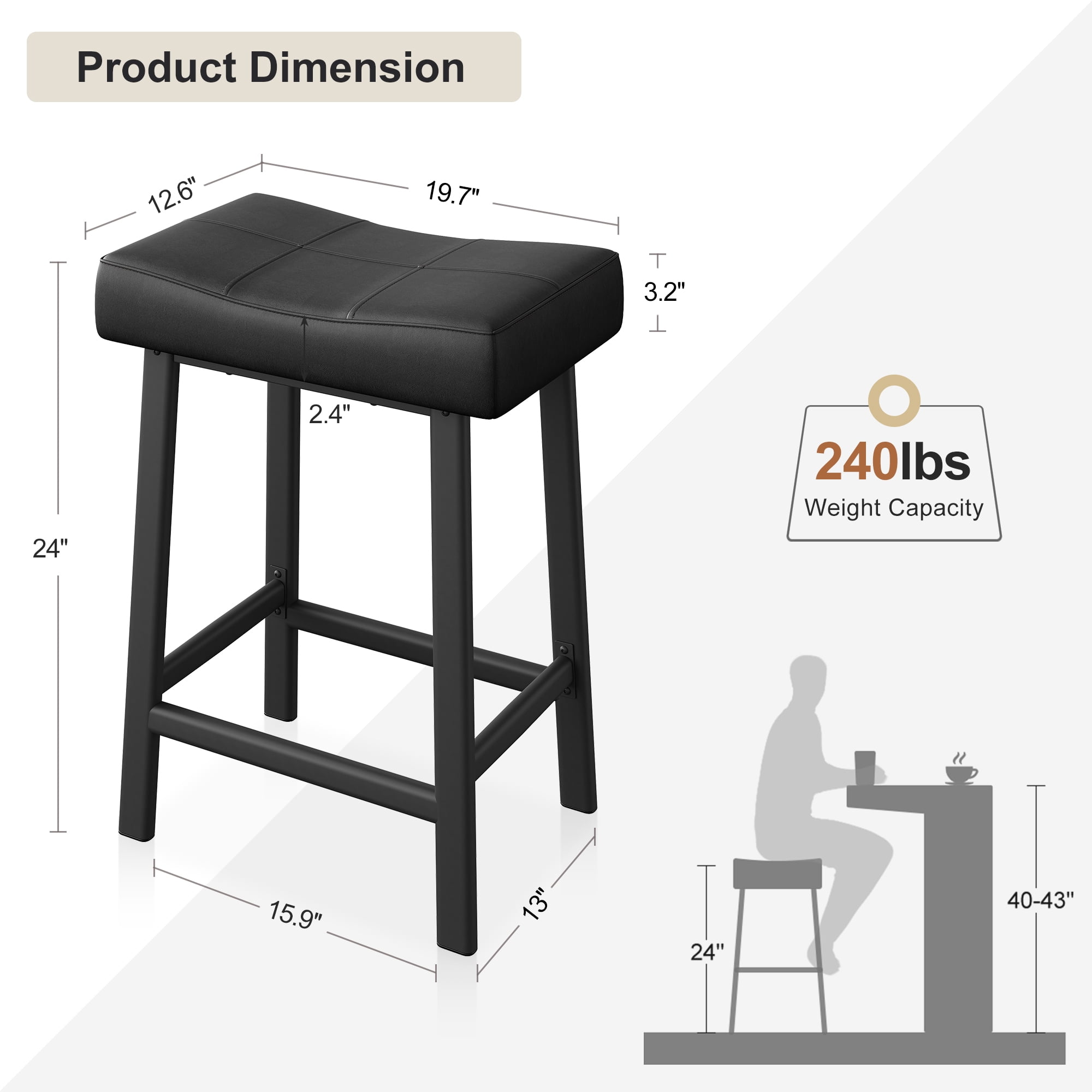 AOILE 24-Inch Bar Stools Set of 2/4 – Soft PU Leather Seat, Sturdy Metal Frame, Waterproof & Easy-to-Clean – Ideal for Kitchen Island, Bar, Dining Room – Available in Black, Brown, Grey, White