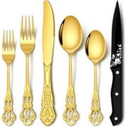 Stapava 30 Pcs Black Silverware Set, Gorgeous Retro Royal Silverware Set for 6, Stainless Steel Mirror Flatware Cutlery Set, Include Forks Spoons and Knives set, Dishwasher Safe Utensils