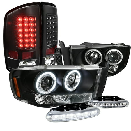 Black Projector - Spec-D Tuning 2002-2005 Dodge Ram, Black Halo Projector Headlights, Black Led Tail Lights, Led Set (Left + Right) 02 03 04 05