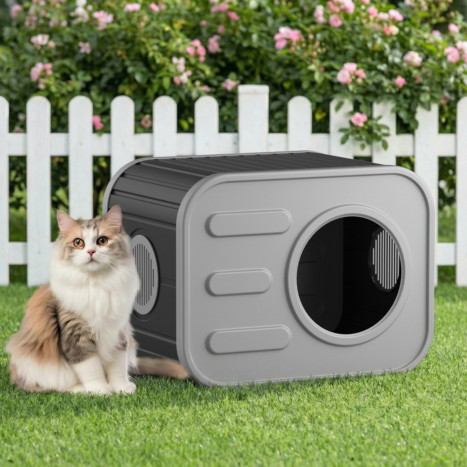 Dovov Cat House, Weatherproof Cat Shelter Camera-Shaped Cat Cage for Indoor & Outdoor Cats, Dual Ventilation Windows Cattery, Black Gray