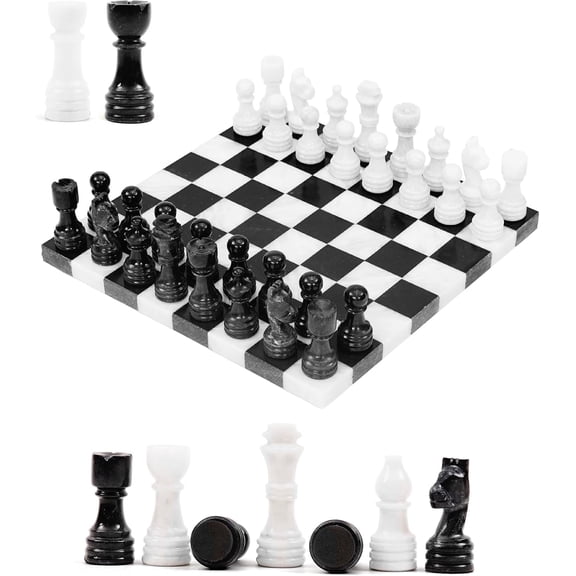 Elborse Marble Chess Set 12 inches Black and White Stone Chess Board with 32 Pieces and 2 Extra Queens Classic Chess Set for Adults Luxury Game for Home Décor