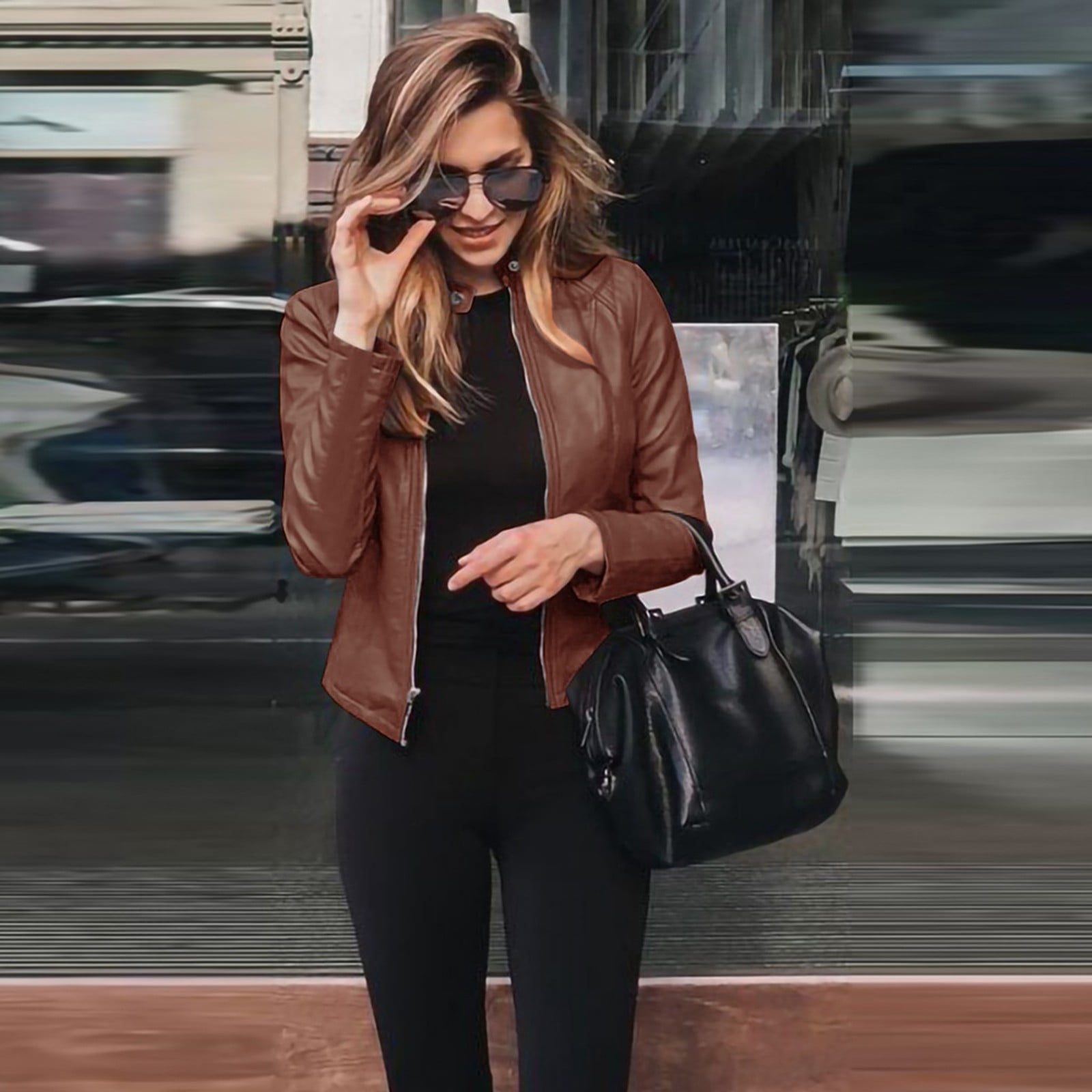 eileial Women Faux Leather Jacket Zip up Short PU Biker Outwear Fitted Slim Cropped Coat,Orange XL