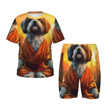 Luyuia Cartoon Puppy Sunset Print Girls  2-Piece Tie-Dye Pajama Set  Cute Summer Loungewear with Shirt and Tank Shorts Nightwear-X-Large